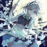  1girl apron bow braid closed_mouth collared_shirt commentary_request cowboy_shot flower flower_request friend_characters green_bow green_ribbon grey_hair hair_bow izayoi_sakuya long_hair looking_at_viewer maid maid_headdress neck_ribbon ribbon sample_watermark shirt skirt_hold smile solo syuri22 touhou twin_braids waist_apron watermark white_apron white_flower white_shirt 