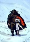 2026 anthro avalon_(purplebirdman) bovid brown_body caprine chest_tuft cloak clothed clothing colored curly_hair duo fantasy hair hi_res horn larger_male long_hair male mammal muscular muscular_anthro muscular_male purplebirdman red_hair roshim_(purplebirdman) shaded sheep size_difference sketch topless topless_male tuft tufted_fur winter winter_clothing winter_coat