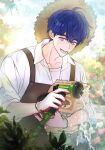  1boy alternate_costume apron bag blue_hair brown_apron commentary gloves grey_eyes hair_between_eyes hat highres holding holding_bag holding_hose hose k-pop korean_commentary looking_at_viewer lower_teeth_only male_focus open_mouth plant plave rjduf666 shirt short_hair sleeves_rolled_up smile solo straw_hat teeth upper_body water white_shirt yejun_(plave) 
