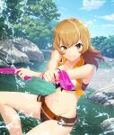  1girl adapted_costume bikini bikini_skirt blue_sky breasts brown_bikini brown_hair brown_skirt brown_vest cleavage closed_mouth cloud collarbone day diffraction_spikes dot_nose double-parted_bangs dual_wielding dutch_angle feet_out_of_frame finger_on_trigger game_cg groin gun handgun holding large_breasts looking_at_viewer medium_hair microskirt nature navel official_art orange_eyes osafune_girls_academy_school_uniform outdoors red_pupils river school_uniform shimoishii_chika skirt sky smile solo sparkle splashing squatting swimsuit third-party_source toji_no_miko toji_no_miko:_kizamishi_issen_no_tomoshibi tree v-shaped_eyebrows vest water water_drop water_gun weapon white_bikini 