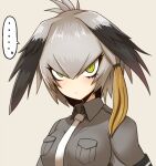  ... 1girl black_hair breast_pocket closed_mouth collared_shirt commentary_request eyelashes green_eyes grey_background grey_hair grey_shirt hair_between_eyes head_wings kemono_friends konohana_saku looking_at_viewer multicolored_hair necktie pocket shirt shoebill_(kemono_friends) simple_background solo spoken_ellipsis upper_body white_necktie wings 