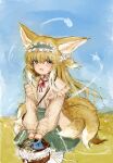  1girl absurdres animal_ears arknights basket blonde_hair brown_cardigan cardigan colored_tips commentary fox_ears fox_girl fox_tail frilled_hairband frills green_hairband green_skirt hairband highres holding holding_basket kettle kitsune kyuubi long_hair long_sleeves looking_at_viewer mashiro_(mashilolicon) multicolored_hair multiple_tails neck_ribbon official_alternate_costume open_cardigan open_clothes open_mouth outdoors puffy_long_sleeves puffy_sleeves red_ribbon revision ribbon shirt skirt solo suzuran_(arknights) suzuran_(spring_praise)_(arknights) tail two-tone_hair white_hair white_shirt yellow_eyes 