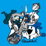  1boy 2girls arm_rest black_eyes black_hair blue_background blue_hat blue_leotard brown_hair claws commentary_request demi-fiend demon_(megami_tensei) fairy fang full-body_tattoo hand_on_another's_head hat head_rest jack_frost_(megami_tensei) leotard long_hair lying mini_person minigirl multiple_girls nekomata_(megami_tensei) on_stomach pixie_(megami_tensei) pointy_ears shin_megami_tensei shin_megami_tensei_iii:_nocturne shoes short_hair simple_background sitting skin_fang solid_oval_eyes tattoo topless_male twitter_username very_short_hair wokekec yellow_eyes 