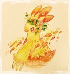  absurdres claws closed_mouth combusken commentary_request cropped_legs english_text head_wreath highres no_humans orange_eyes painting_(medium) petals pokemon pokemon_(creature) solo traditional_media watercolor_(medium) yukichi_0611 
