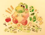  apple apple_slice blush commentary_request cosplay food fruit hat highres kirby kirby_(series) mario_(series) no_humans painting_(medium) simple_background solo super_smash_bros. traditional_media watercolor_(medium) yoshi yoshi_(cosplay) yoshi_egg yukichi_0611 