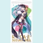  1girl amakano_~second_season~ aqua_eyes arm_up black_cape black_gloves black_hat black_skirt black_thighhighs blue_background blue_shoes blush bow bowtie breasts cape character_name copyright_notice fur-trimmed_cape fur_trim gloves grey_hair hair_between_eyes hand_up hat high_heels holding holding_microphone holding_microphone_stand large_breasts long_hair looking_at_viewer microphone microphone_stand midriff_peek navel official_art piromizu pleated_skirt purple_bow purple_bowtie shoes skirt smile snowflake_background solo standing suzurikawa_euphrasie_ruika thighhighs 