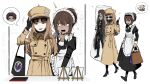  2boys 2girls absurdres apron asdf1211950 bag black_dress black_gloves black_mask body_pillow boots brown_eyes brown_hair catherine_(project_moon) coat daisy_(flower) dark-skinned_female dark_skin disguise dress erlking_heathcliff_(project_moon) flower gloves hashtag-only_commentary hat hat_flower heathcliff_(project_moon) high_heel_boots high_heels highres hindley_(project_moon) holding holding_bag jacket limbus_company maid maid_apron maid_headdress mask multiple_boys multiple_girls nelly_(project_moon) pillow project_moon speech_bubble sunglasses surprised trench_coat 