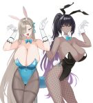  2girls absurdres animal_ear_hairband animal_ears asuna_(blue_archive) asuna_(bunny)_(blue_archive) bare_shoulders black_hair black_leotard blonde_hair blue_archive blue_bow blue_bowtie blue_eyes blue_leotard blush bow bowtie breasts cleavage collarbone covered_navel dark-skinned_female dark_skin detached_collar fake_animal_ears fake_tail fishnet_pantyhose fishnets gloves hair_over_one_eye hairband highleg highleg_leotard highres karin_(blue_archive) karin_(bunny)_(blue_archive) large_breasts leotard long_hair looking_at_viewer mole mole_on_breast multiple_girls no_halo open_mouth pantyhose paw_pose ponytail purple_hair rabbit_ear_hairband rabbit_ears rabbit_tail smile stinko tail thighband_pantyhose very_long_hair white_gloves wrist_cuffs yellow_eyes 