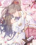  1boy 1girl :d arm_guards black_gloves black_sash blue_eyes blush braid branch brooch brown_hair butterfly_hair_ornament cape cherry_blossoms chinese_clothes chinese_commentary commentary_request couple dress face-to-face facial_mark female_master_(the_tale_of_food) fingerless_gloves floral_print flower flower_brooch forehead_mark from_side gloves hair_ornament hair_stick half_up_braid hanfu height_difference hetero high_ponytail hug jewelry long_hair long_sleeves parted_bangs parted_lips peach_petal_congee_(the_tale_of_food) pink_flower pink_hanfu pink_robe ponytail profile robe sash side_braid smile tariqingsha the_tale_of_food three-quarter_sleeves two_side_up upper_body waist_sash white_cape white_dress white_gloves wide_sleeves yellow_sash 