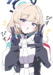  1girl :o absurdres arms_up blonde_hair blue_archive blue_eyes blue_halo commentary_request double_v facing_viewer gloves halo highres hutsugyou jacket looking_at_viewer official_alternate_costume pouch simple_background solo toki_(blue_archive) upper_body v white_background 