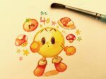  art_tools_in_frame boots commentary_request curry food full_body maxim_tomato no_humans pac-man pac-man_(game) pac-man_eyes painting_(medium) photoshop_(medium) simple_background solo super_mushroom super_smash_bros. traditional_media translation_request watercolor_(medium) yukichi_0611 