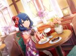  1girl blue_hair bow brown_eyes brown_gloves chair closed_mouth cup floral_print flower food fork game_cg gloves hair_bow hair_flower hair_ornament hanayagi_kaoruko holding holding_cup holding_saucer japanese_clothes kimono long_sleeves looking_at_viewer official_art on_chair pink_kimono red_bow red_shawl sandwich saucer shawl shoujo_kageki_revue_starlight shoujo_kageki_revue_starlight_-re_live- sitting smile solo spoon table vase wide_sleeves 