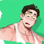  1boy =_= bara black_hair broad_shoulders closed_eyes commentary_request facial_hair glasses goatee_stubble green_background hoonzino korean_commentary large_pectorals male_focus muscular muscular_male no_nose open_mouth original pectoral_cleavage pectorals portrait raised_eyebrows sketch solo stubble tank_top thick_eyebrows white_tank_top 