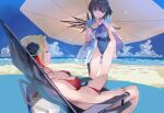  2girls aoi_erika beach black_hair blonde_hair blue_eyes breasts commentary_request cooler flower hair_flower hair_ornament heaven_burns_red large_breasts minase_ichigo multiple_girls official_artist_extra one-piece_swimsuit parasol short_hair swimsuit umbrella yuugen 