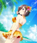  1girl arm_up ass beach bikini bikini_skirt blue_sky blurry blurry_background breasts brown_hair cloud cowboy_shot day dutch_angle flower from_behind game_cg hair_flower hair_ornament hair_over_one_eye halterneck hand_in_own_hair hibiscus horizon large_breasts lens_flare looking_at_viewer looking_back ocean official_art one_eye_covered orange_bikini orange_skirt outdoors palm_tree parted_lips purple_eyes purple_flower red_flower sasano_miyako short_hair skirt sky solo sparkle sunlight swimsuit third-party_source toji_no_miko toji_no_miko:_kizamishi_issen_no_tomoshibi tree yellow_flower 