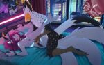 absurd_res anthro anthro_on_anthro anthro_penetrated anthro_penetrating anthro_penetrating_anthro aroused avian bed bodily_fluids breasts city city_background claws collar cuff_(restraint) cum cum_in_vagina cum_inside dinosaur dromaeosaurid duo era_crystalstar feathers female fur furniture genital_fluids genitals glowing glowing_body glowing_markings hair hand_on_leg hand_on_thigh hi_res impregnation_view iris_(wolfbyt) looking_pleasured lunalei male male/female markings mouth_closed multi_tail multicolored_body multicolored_fur neon_lights nipples nude on_bed open_mouth painted_kitsune paws penetration penile penile_penetration penis_in_vagina pink_hair prehistoric_species reptile restraints rita_(lunalei) saurischian scalie sex tail theropod vaginal vaginal_penetration vetica_(fenix) vulva yskra