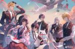  1girl 5boys :d absurdres adjusting_eyewear aircraft airplane alkaid_mcgrath alternate_costume aqua_eyes arm_at_side asymmetrical_sleeves ayn_alwyn beret black_hair black_hat black_jacket black_necktie black_pants black_shirt black_vest blonde_hair blue_eyes blue_hair blue_vest book braid buttons cael_anselm cardigan center_frills chinese_commentary clarence_clayden closed_mouth cloud collared_shirt commentary_request confetti cowboy_shot curtained_hair dawn double-breasted eyewear_on_head falling_petals feet_out_of_frame frills glasses gloves gradient_sky green_eyes group_picture hair_between_eyes hair_ribbon hand_in_pocket hand_up hat heroine_(lovebrush_chronicles) highres holding holding_ticket holding_unworn_clothes holding_unworn_hat holding_unworn_jacket jacket lapel_pin lapels lars_rorschach long_hair long_hair_between_eyes long_sleeves looking_at_viewer loosely_tucked_bangs lovebrush_chronicles medium_hair mismatched_sleeves mole mole_under_eye moon multiple_boys necktie notched_lapels open_book open_cardigan open_clothes open_jacket pants parted_bangs parted_lips peaked_cap petals pilot pilot_uniform pinstripe_pattern pinstripe_vest purple_eyes recording red_eyes red_petals red_ribbon red_skirt ribbon rose_petals shiling shirt short_hair shoulder_boards side_braid sideways_glance sitting skirt sky sleeve_garter smile stanchion standing sunglasses ticket tie_clip turtleneck turtleneck_shirt unworn_hat unworn_headwear unworn_jacket very_long_hair vest viewfinder watermark weibo_watermark white_cardigan white_gloves white_hair white_jacket white_necktie white_pants white_shirt wind wolf_cut 
