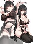  1girl absurdres arm_behind_back arms_up black_bra black_garter_belt black_hair black_panties black_shoes black_thighhighs blue_archive blush bra breasts bright_pupils cleavage closed_mouth commentary full_body garter_belt hair_ornament hairclip high_heels highres kneeling large_breasts lingerie long_hair looking_at_viewer multiple_views navel paid_reward_available panties parted_lips red_eyes rio_(blue_archive) shigure_s shoes simple_background stomach thighhighs thighs underwear white_background white_pupils 