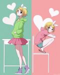 2girls black_eyes blonde_hair bow_hairband chair commentary_request crossed_arms desk drawstring dual_persona full_body green_background hair_ornament hairband hairclip hands_in_pockets head_tilt heart highres hood hood_down hoodie kagamine_rin long_sleeves looking_at_viewer looking_to_the_side melancholic_(vocaloid) multiple_girls munna67l9 pink_background sandals shoes short_hair short_sleeves shorts skirt sneakers split_theme squatting twinkle_(vocaloid) vocaloid walking x_hair_ornament 