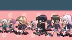  6+girls aqua_hair bangs_pinned_back black_hair black_jacket black_pantyhose blazer blonde_hair bow bowtie braid brown_hair brown_hat brown_jacket bun_with_braided_base character_request commentary d4dj deformed fukushima_noa green_hair grey_hair hair_bun hanamaki_towa hat highres hood hooded_jacket inuyose_shinobu izumo_saki jacket long_hair long_sidelocks long_sleeves miyake_aoi multiple_girls naruto_(classic) naruto_(series) niijima_ibuki one_side_up open_clothes open_jacket orange_hair pantyhose parody pink_background pink_hair ponytail purple_hair red_bow red_bowtie sakurada_miyu short_hair sidelocks single_hair_bun togetsu_rei walking white_jacket yamate_kyouko yano_hiiro yukitake_(bullfalk) 
