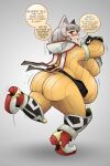 2021 animal_humanoid belly blade_(xenoblade) boots breasts butt cat_humanoid clothed clothing ecchipandaa english_text felid felid_humanoid feline feline_humanoid female footwear fully_clothed gormotti grey_hair hair hi_res humanoid mammal mammal_humanoid nia_(xenoblade) nightmarebros overweight overweight_female overweight_humanoid rear_view shoes solo speech_bubble text third-party_edit xenoblade_(series) xenoblade_chronicles_2 yellow_clothing