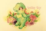 blush commentary_request english_commentary fangs flower full_body no_humans painting_(medium) pink_flower pokemon pokemon_(creature) purple_flower red_eyes solo totodile traditional_media watercolor_(medium) yukichi_0611 
