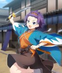  1girl :d architecture bangs_pinned_back blue_eyes blue_haori blue_sky brown_hakama brown_sandals building cowboy_shot day dot_nose east_asian_architecture fang from_side game_cg hairband hakama hand_up haori holding holding_sheath holding_sword holding_weapon japanese_clothes kimono knee_up looking_at_viewer maruyama_akane_(toji_no_miko) official_art open_mouth orange_hairband orange_kimono outdoors purple_hair rickshaw sandals sheath shinsengumi short_hair short_sword sky smile socks solo standing standing_on_one_leg sword third-party_source toji_no_miko toji_no_miko:_kizamishi_issen_no_tomoshibi town weapon white_socks 