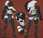  1girl abs absurdres armor artist_name axe back barbarian black_hair boots brown_boots clenched_hand cuisses greaves helmet highres ho-uja loincloth mask multicolored_hair pointy_ears red_background single_vambrace solo spiked_gauntlets spiked_knuckles toned traumatorium_penitent vambraces white_hair 