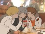  3boys blonde_hair blush brown_hair collared_shirt cup drinking_straw drinking_straw_in_mouth eye_contact food fur-trimmed_jacket fur_trim grey_hair hanamura_yousuke hashtag-only_commentary headphones headphones_around_neck highres holding holding_cup holding_drinking_straw jacket kuma_(persona_4) long_sleeves looking_at_another male_focus mixed_media moskk884006 multiple_boys narukami_yu persona persona_4 pizza pizza_slice shirt short_hair sitting upper_body 
