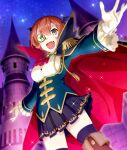  1girl :d ascot bat_wings black_cape black_skirt black_thighhighs blue_sky bob_cut boots brooch brown_boots cape castle cowboy_shot double-parted_bangs epaulettes fake_head_wings fang game_cg gem gloves green_eyes green_gem green_jacket halloween halloween_costume head_wings high_collar jacket jewelry looking_at_viewer monocle night official_art open_mouth outstretched_arms red_ascot red_cape red_hair short_hair skirt sky smile solo sparkle spread_arms star_(sky) starry_sky thigh_boots thighhighs third-party_source toji_no_miko toji_no_miko:_kizamishi_issen_no_tomoshibi two-sided_cape two-sided_fabric underbust watanabe_emily white_gloves wings zettai_ryouiki 