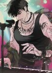  1boy alternate_costume arm_tattoo black_choker black_eyes black_hair black_jacket black_tank_top chain chain_necklace chest_tattoo choker commentary cross_tattoo ear_piercing eyebrow_piercing face_piercing finger_tattoo hair_between_eyes hamin_(plave) highres holding holding_microphone instrument jacket jewelry k-pop keyboard_(instrument) korean_commentary lip_piercing looking_at_object lower_teeth_only male_focus microphone multiple_rings music neck_tattoo necklace open_clothes open_jacket open_mouth piercing plave playing_instrument ring rjduf666 short_hair solo sweat tank_top tattoo teeth upper_body 