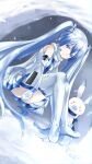  1girl absurdres animal aqua_hair bare_shoulders blue_eyes blue_necktie blue_scarf boots breasts bubble chiutake_mina closed_mouth commentary_request detached_sleeves double-parted_bangs full_body grey_boots grey_skirt hair_between_eyes hair_ornament hatsune_miku highres long_hair long_sleeves looking_at_viewer medium_breasts miniskirt mittens necktie pleated_skirt rabbit rabbit_yukine scarf shirt sitting skirt sleeveless sleeveless_shirt smile snowflake_print thigh_boots twintails very_long_hair vocaloid white_mittens white_rabbit_(animal) white_scarf white_shirt white_sleeves yuki_miku yuki_miku_(2011) zettai_ryouiki 
