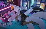 absurd_res anthro anthro_on_anthro anthro_penetrated anthro_penetrating anthro_penetrating_anthro aroused avian bed breasts city city_background claws collar cuff_(restraint) dinosaur dromaeosaurid duo era_crystalstar feathered_dinosaur feathered_scalie feathers female fur furniture genitals glowing glowing_body glowing_markings hair hand_on_leg hand_on_thigh hi_res iris_(wolfbyt) looking_pleasured lunalei male male/female markings multi_tail multicolored_body multicolored_fur neon_lights nipples nude on_bed open_mouth painted_kitsune paws penetration penile penile_penetration penis_in_vagina pink_hair prehistoric_species reptile restraints rita_(lunalei) saurischian scalie sex tail theropod vaginal vaginal_penetration vetica_(fenix) vulva yskra