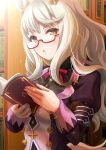  1girl absurdres animal_ears biwa_hayahide_(pf._winning_equation...)_(umamusume) biwa_hayahide_(umamusume) black_shirt blush book bookshelf bow bowtie breasts commentary_request glasses grey_hair highres holding holding_book horse_ears horse_girl horse_tail jacket long_hair long_sleeves looking_at_viewer medium_breasts otono_(bkt4b) parted_lips purple_jacket red-framed_eyewear red_bow red_bowtie semi-rimless_eyewear shirt solo tail umamusume under-rim_eyewear upper_body white_hair yellow_eyes 