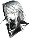  1boy 3_3lecho absurdres alternate_hair_length alternate_hairstyle androgynous black_sweater blue_eyes chest_strap cropped_torso expressionless final_fantasy final_fantasy_vii final_fantasy_vii:_ever_crisis grey_hair hashtag-only_commentary highres long_hair looking_down male_focus sephiroth sephiroth_(ever_crisis) simple_background slit_pupils solo sweater turtleneck turtleneck_sweater upper_body white_background 