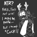 anthro bodily_fluids clothing crying deedubliner deer deer_antlers deltarune digital_drawing_(artwork) digital_media_(artwork) english_text female female_anthro freckles hi_res infidelity looking_back mammal monochrome noelle_holiday pose scut_tail short_tail solo tail tears text topwear undertale_(series) vest