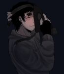  1boy adjusting_clothes adjusting_headwear bags_under_eyes black_hair cry_of_fear facial_hair from_side gas_mask goatee_stubble grey_hoodie hand_on_own_head holding holding_mask hood hood_down hoodie looking_at_viewer male_focus mask raykills red_pupils short_hair simon_henriksson solo stubble upper_body 