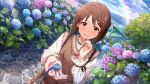  1girl blue_flower blush brown_eyes brown_hair brown_sweater_vest commentary_request day dutch_angle flower game_cg hagiwara_yukiho hagiwara_yukiho_(private_dress) hydrangea idolmaster idolmaster_(classic) idolmaster_million_live! idolmaster_million_live!_theater_days long_sleeves looking_at_viewer official_alternate_costume official_alternate_hairstyle official_art outdoors pink_flower purple_flower rainbow short_hair solo standing sweater_vest third-party_source 