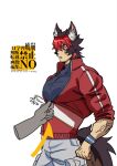  animal_ears black_hair commentary_request dog_boy dog_ears dog_tail highres huge_pectorals jacket komano_manato large_pectorals multicolored_hair muscular muscular_male partially_unzipped pectoral_cleavage pectoral_focus pectorals red_eyes red_hair red_jacket scar scar_on_face tail tizumame turtleneck zenless_zone_zero zipper_trouble 