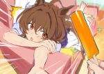  1girl ^^^ absurdres agnes_tachyon_(umamusume) ahoge animal_ear_piercing animal_ears barefoot brown_hair commentary_request couch earrings emphasis_lines food hair_intakes hand_on_own_arm highres holding holding_food holding_popsicle horse_ears horse_girl horse_tail jewelry koushikitarou_(oisiine8931) lying on_couch on_stomach open_mouth popsicle red_eyes school_uniform short_hair short_sleeves single_earring solo_focus sparkle sweat tail tracen_school_uniform umamusume 