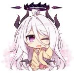  1girl ahoge black_halo blue_archive chibi chibi_only commentary_request deformed demon_girl demon_horns demon_wings halo highres hina_(blue_archive) hina_(pajamas)_(blue_archive) horns jacket long_hair low_wings pajamas pink_pajamas polka_dot polka_dot_pajamas purple_eyes sitting solo very_long_hair white_hair wings xi_yue_kong_poi yellow_jacket 