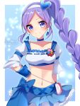  1girl aono_miki artist_name blue_background blue_choker blue_eyes blue_shirt blue_skirt blue_wrist_cuffs breasts choker closed_mouth clover_brooch collarbone commentary_request cowboy_shot crop_top cure_berry earrings fresh_precure! hair_ornament hairband hand_on_own_hip heart heart_earrings heart_hair_ornament jewelry long_hair looking_at_viewer magical_girl midriff myarikuru navel parted_bangs precure purple_hair shirt short_sleeves side_ponytail sidelocks skirt small_breasts smile solo standing very_long_hair waist_bag wrist_cuffs 