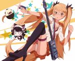  1boy 2girls :o animal_ears arisugawa_maple bald black_boots black_hair black_thighhighs blonde_hair blush boots bow breasts cat_ears cat_girl cat_tail chibi chibikemo clenched_hand colored_skin commentary contrast_collar curly_hair cyan_(myumon)_(show_by_rock!!) cyan_(show_by_rock!!) dog_tail dutch_angle facial_hair frilled_thigh_strap furry furry_female glasses guitar hair_ribbon hairband high_heels holding instrument knee_up lace lolita_fashion lolita_hairband long_hair loose_necktie miniskirt multiple_girls mustache neckerchief necktie no_pupils o_o open_mouth orange_skirt outstretched_arm panties pantyshot pleated_skirt red_neckerchief retoree_(show_by_rock!!) revision ribbon school_uniform serafuku shirt show_by_rock!! size_difference skirt sleeve_cuffs small_breasts star_(symbol) strap sweatdrop tail thigh_boots thigh_strap thighhighs twintails underwear v-shaped_eyebrows very_long_hair white_panties white_shirt white_skin yellow_eyes yukitake_(bullfalk) 