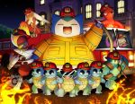 arm_blade artist_name bisharp blaziken blue_eyes building closed_eyes closed_mouth clothed_pokemon colored_sclera commentary embers english_commentary fangs fire fire_truck firefighter firefighter_helmet firefighter_jacket galarian_slowpoke golett helmet highres holding holding_hose holding_ladder hose jacket ladder long_sleeves motor_vehicle night octillery open_mouth outdoors pokemon pokemon_(creature) pokemon_focus red_helmet round_eyewear signature sky smile snorlax squirtle squirtle_squad star_(sky) sunglasses thecalendork truck watermark weapon window yellow_jacket yellow_sclera 