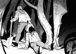  2boys boyfriend_to_death car character_request check_character clothes_grab commentary dragging dutch_angle english_commentary forest full_body greyscale headlight_beam holding holding_shovel lawrence_oleander low_ponytail male_focus monochrome motor_vehicle multiple_boys nature ponytail shovel soureeeee spotlight tree unconscious walking 