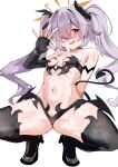  1girl absurdres alternate_costume areola_slip black_gloves black_thighhighs blue_archive blush breasts calin demon_horns demon_tail demon_wings elbow_gloves fingerless_gloves gloves hair_over_one_eye halo heart heart-shaped_pupils highres horns kanoe_(blue_archive) long_hair multicolored_eyes navel nervous_smile open_mouth orange_halo pussy pussy_juice pussy_peek scar scar_on_neck single_horn small_breasts smile solo squatting steaming_body sweat symbol-shaped_pupils tail thighhighs twintails two-tone_eyes white_background wings 