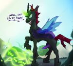 balls black_body black_exoskeleton bodily_fluids changeling colored day digital_drawing_(artwork) digital_media_(artwork) dripping english_text erection exoskeleton fangs feral friendship_is_magic genital_fluids genitals hasbro hi_res horn insect_wings knot knotted_penis looking_at_viewer magic magic_user male my_little_pony open_mouth open_smile outside penis pharynx_(mlp) precum precum_drip purple_penis quadruped shaded smile solo speech_bubble standing talking_to_viewer tapering_penis teeth testostepone text tongue wings