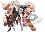  2girls altaria arcanine black_pantyhose black_skirt black_vest boots commentary crossover eila_ilmatar_juutilainen espeon full_body green_eyes grey_boots grey_hair leg_up long_hair miniskirt multiple_girls murkrow outstretched_arm pantyhose pink_eyes pleated_skirt pokemon pokemon_(creature) sanya_v._litvyak shirt short_hair simple_background skirt strike_witches umbreon vest vulpix white_background white_shirt world_witches_series yukitake_(bullfalk) 