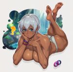  1girl ? artist_name ass barefoot bikini bikini_bottom_only blue_eyes bracelet breasts commentary_request crossed_ankles curvy dark-skinned_female dark_skin elena_(street_fighter) feet_up fingernails grey_background head_rest highres jewelry jungle lake large_breasts lips long_fingernails lying nature neolurker on_stomach outline outside_border parted_lips pink_lips relaxing skindentation soles solo street_fighter sunlight swimsuit the_pose thick_thighs thighs toned toned_female topless_female unworn_clothes water waterfall white_bikini white_hair white_nails white_outline 