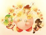  >_< 1girl 2boys ? black_hair blush brown_hair closed_mouth commentary_request company_connection dark_pit dress full_body green_hair heart kid_icarus kid_icarus_uprising kirby kirby_(series) multiple_boys palutena pit_(kid_icarus) red_eyes smile spoken_question_mark white_dress wings yukichi_0611 